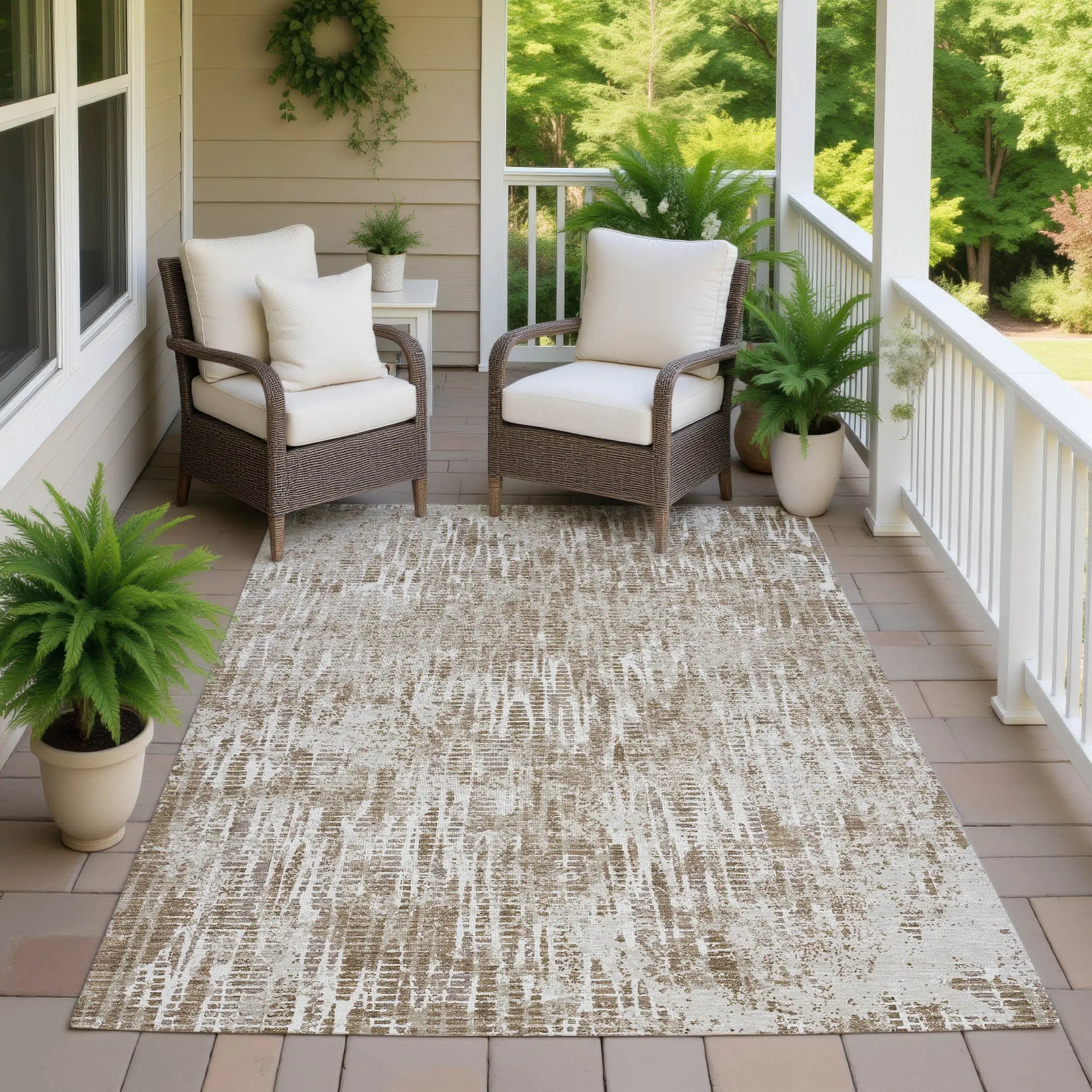 9' X 12' Beige And Brown Abstract Washable Indoor Outdoor Area Rug Homeroots Outdoor