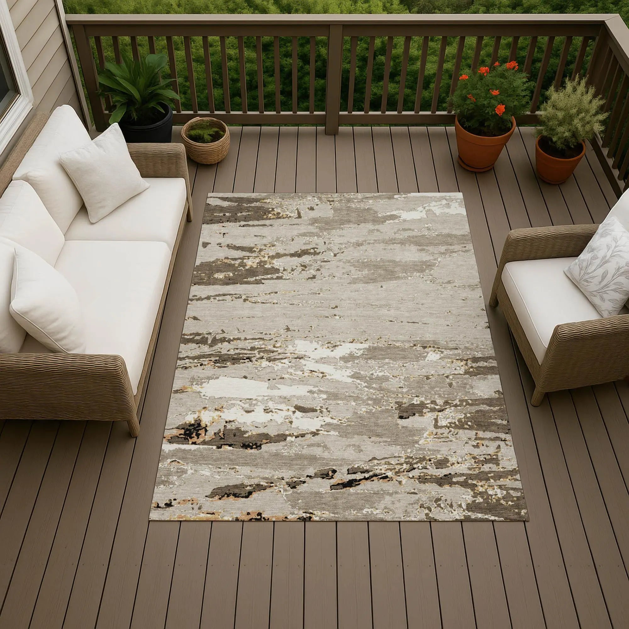 9' X 12' Beige And Brown Abstract Washable Indoor Outdoor Area Rug Homeroots Outdoor