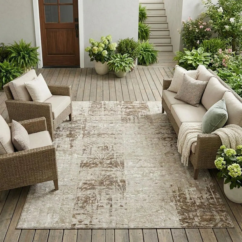 9' X 12' Beige And Brown Abstract Washable Indoor Outdoor Area Rug Homeroots Outdoor