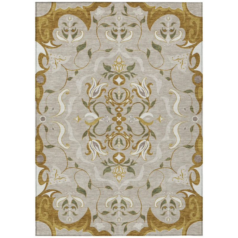 9' X 12' Beige And Brown Damask Washable Indoor Outdoor Area Rug Homeroots Outdoor