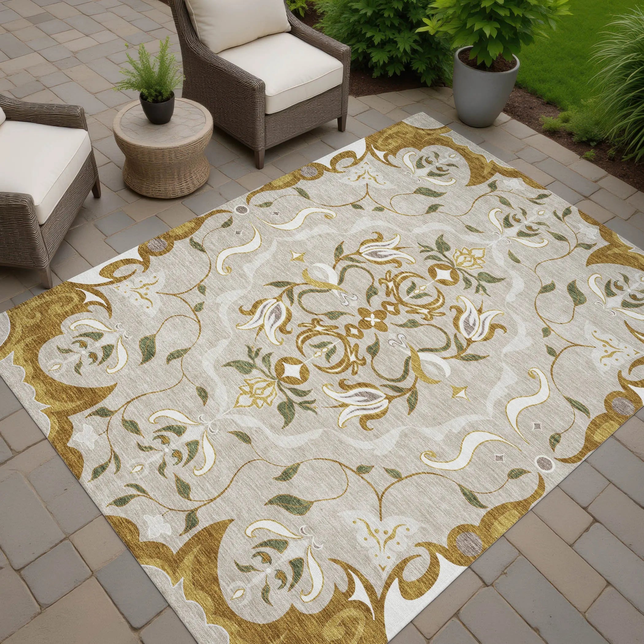 9' X 12' Beige And Brown Damask Washable Indoor Outdoor Area Rug Homeroots Outdoor