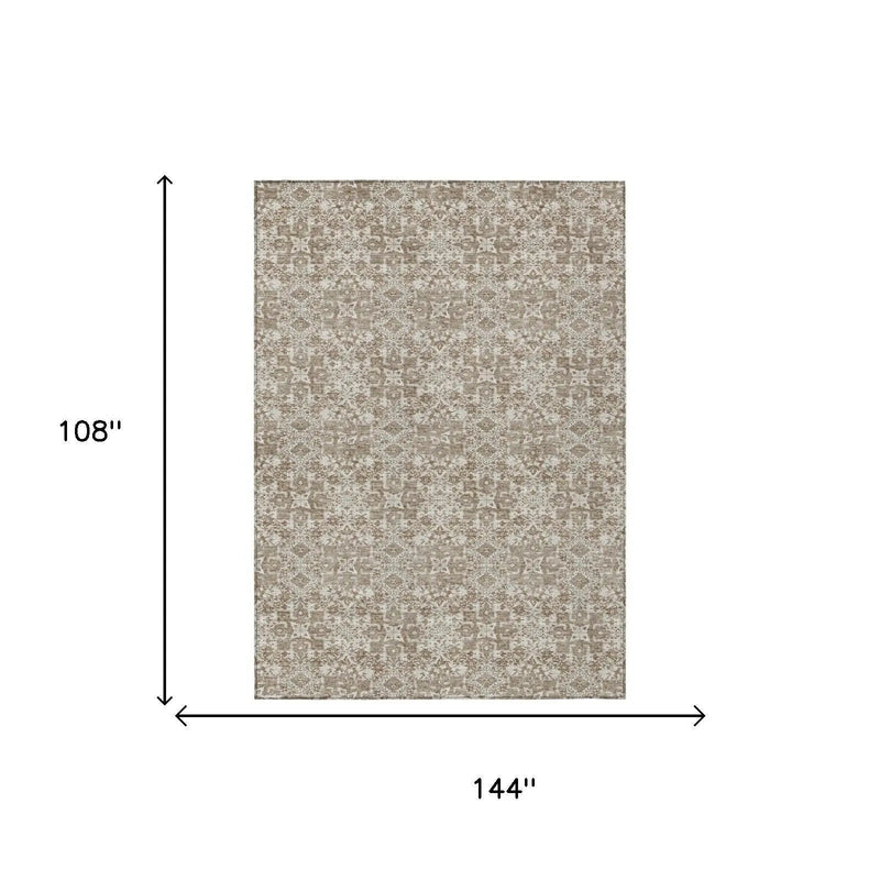 9' X 12' Beige And Brown Damask Washable Indoor Outdoor Area Rug Homeroots Outdoor