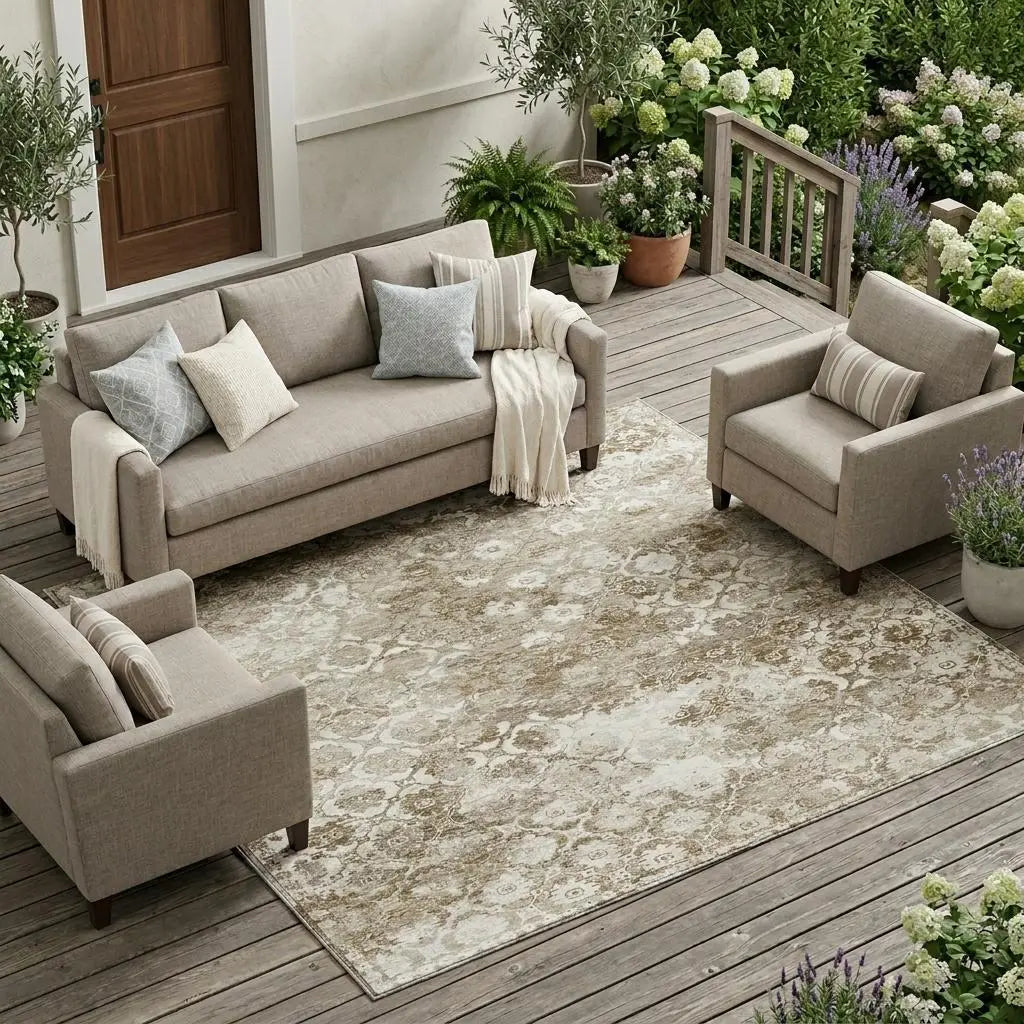 9' X 12' Beige And Brown Floral Medallion Washable Indoor Outdoor Area Rug Homeroots Outdoor
