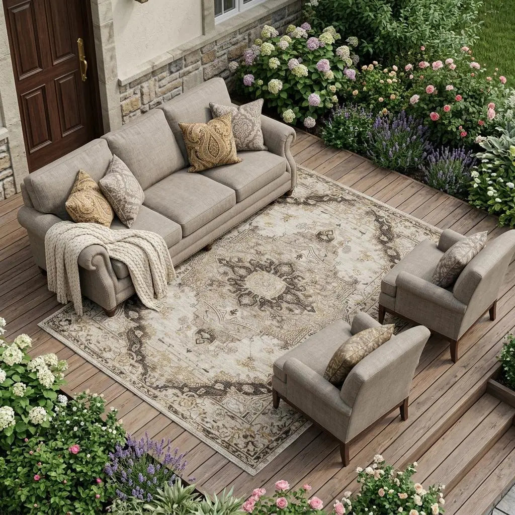 9' X 12' Beige And Brown Floral Medallion Washable Indoor Outdoor Area Rug Homeroots Outdoor