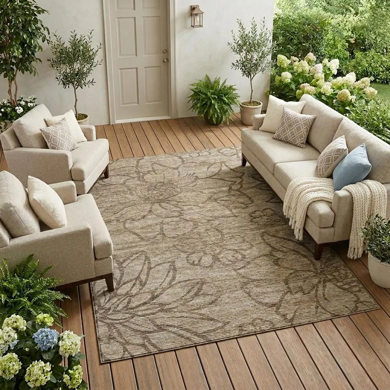 9' X 12' Beige And Brown Floral Washable Indoor Outdoor Area Rug Homeroots Outdoor