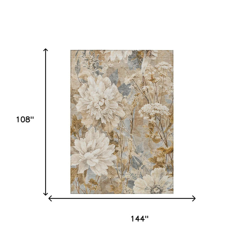 9' X 12' Beige And Brown Floral Washable Indoor Outdoor Area Rug Homeroots Outdoor