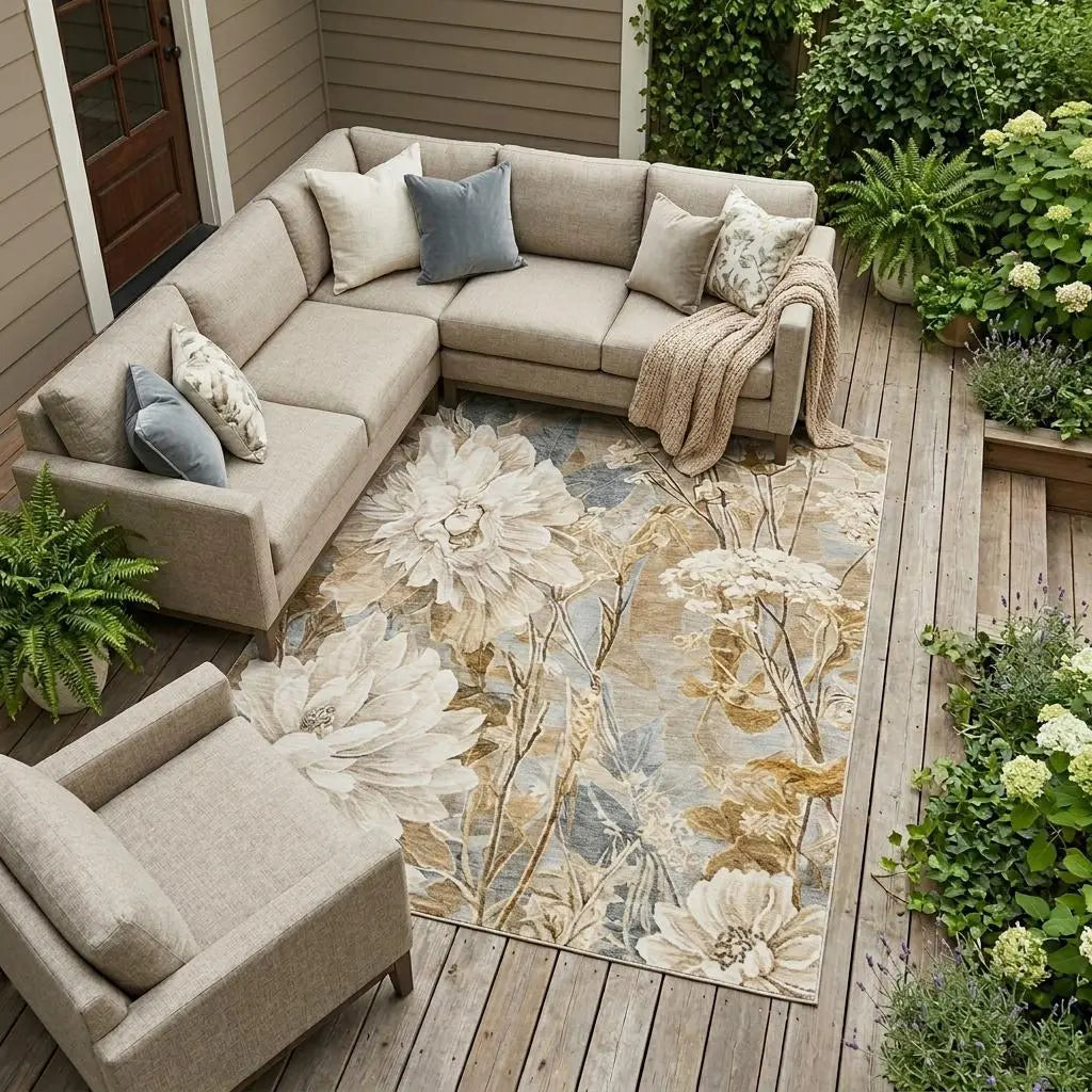 9' X 12' Beige And Brown Floral Washable Indoor Outdoor Area Rug Homeroots Outdoor