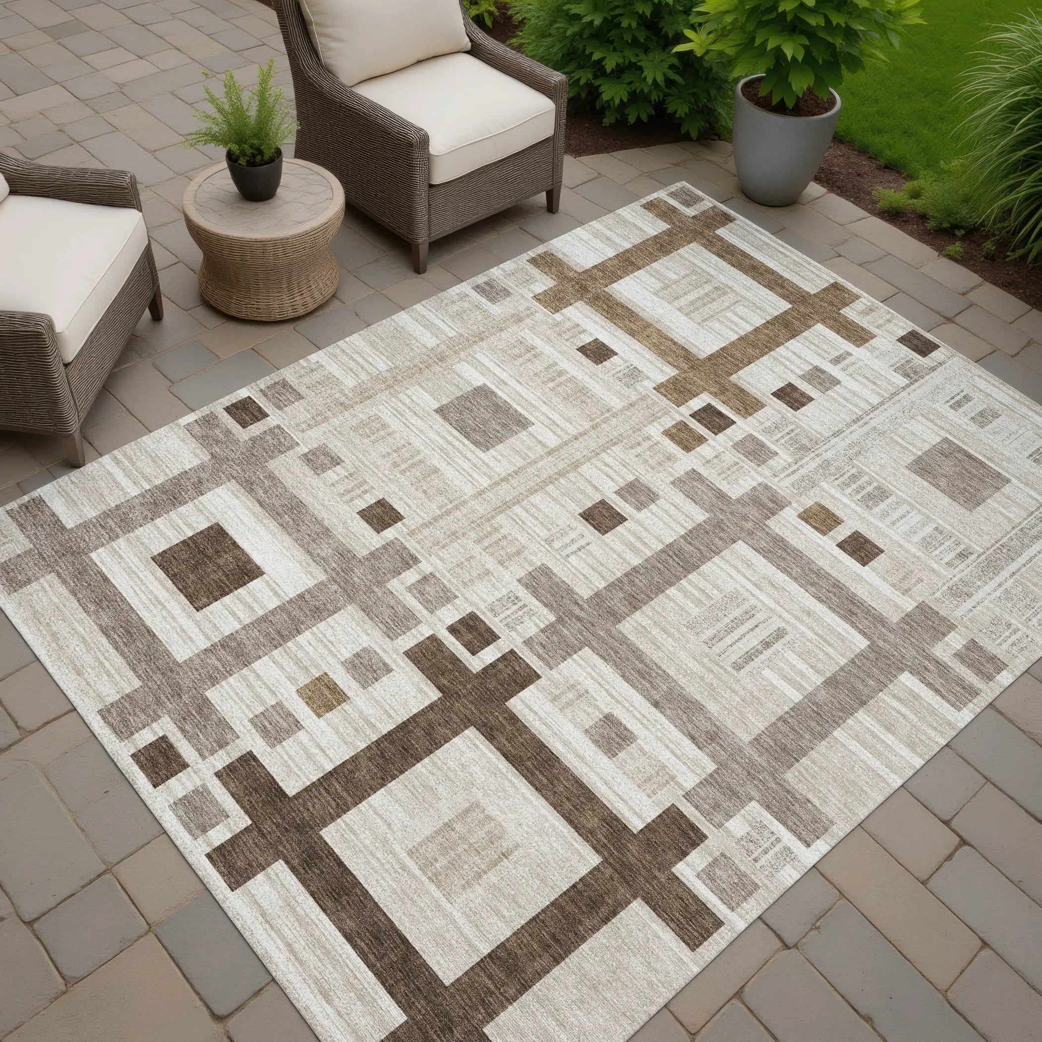 9' X 12' Beige And Brown Geometric Washable Indoor Outdoor Area Rug Homeroots Outdoor