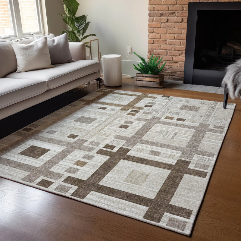 9' X 12' Beige And Brown Geometric Washable Indoor Outdoor Area Rug Homeroots Outdoor