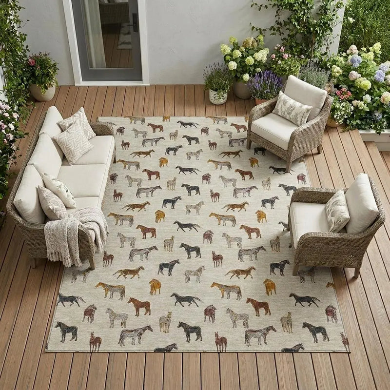 9' X 12' Beige And Brown Horse Washable Indoor Outdoor Area Rug Homeroots Outdoor