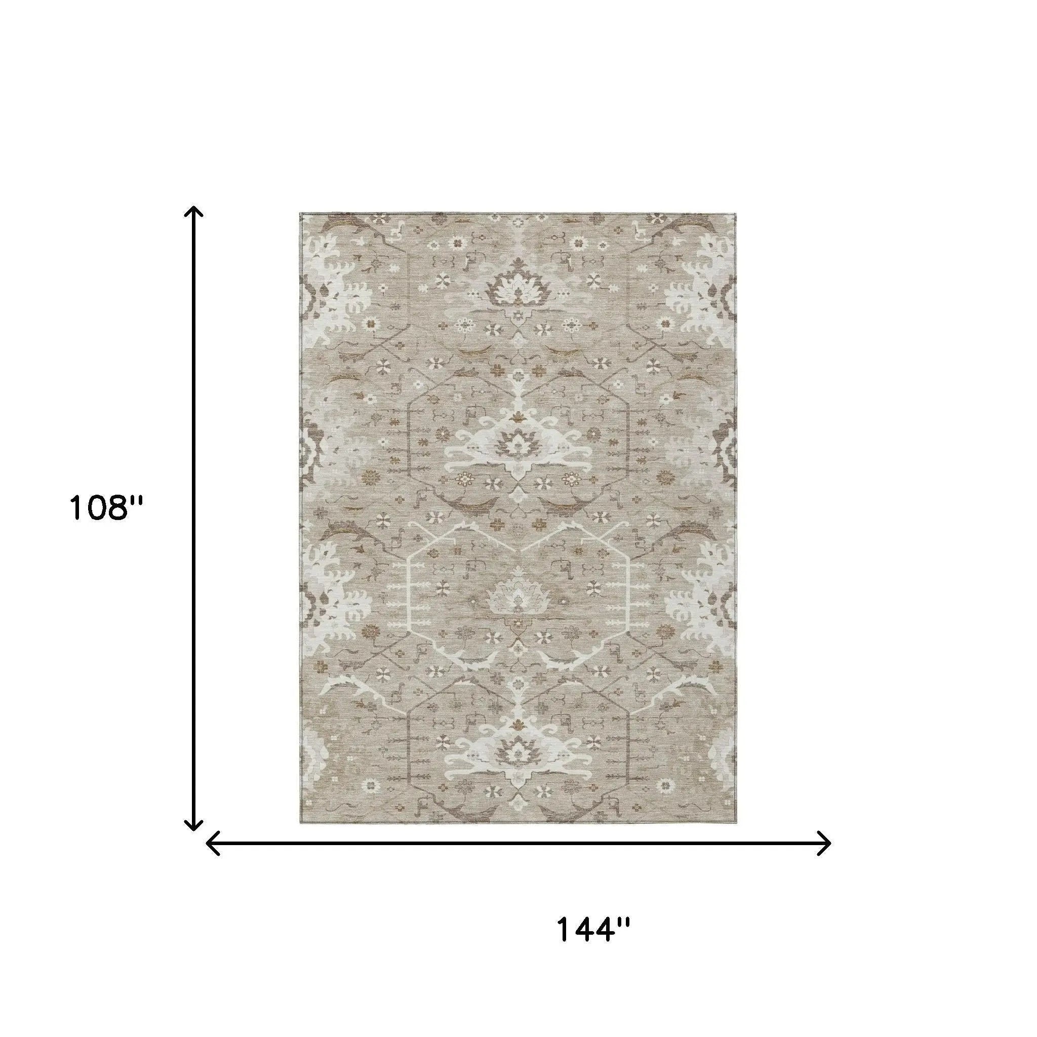 9' X 12' Beige And Brown Oriental Washable Indoor Outdoor Area Rug Homeroots Outdoor