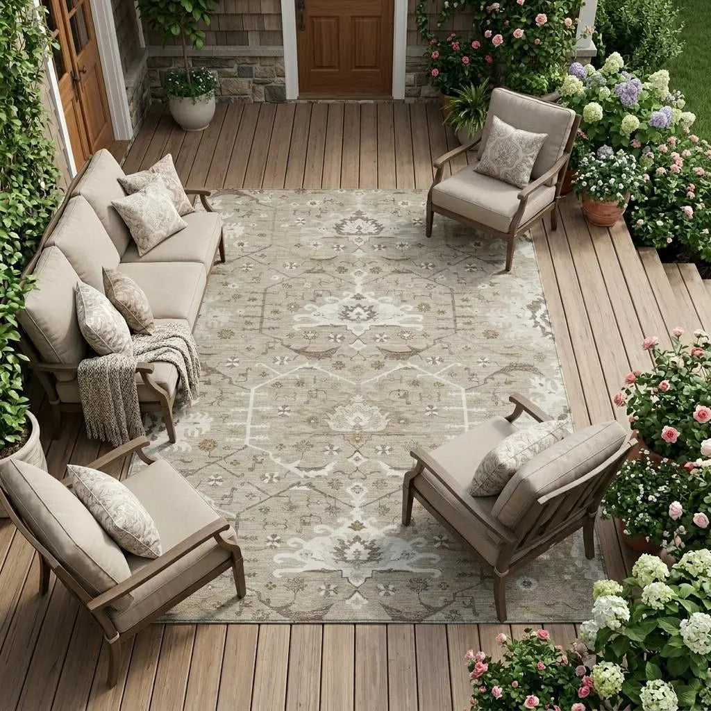 9' X 12' Beige And Brown Oriental Washable Indoor Outdoor Area Rug Homeroots Outdoor