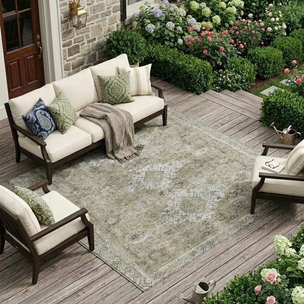 9' X 12' Beige And Brown Oriental Washable Indoor Outdoor Area Rug Homeroots Outdoor