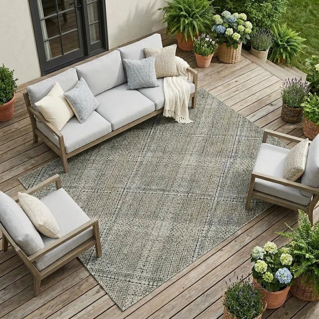 9' X 12' Beige And Brown Plaid Washable Indoor Outdoor Area Rug Homeroots Outdoor