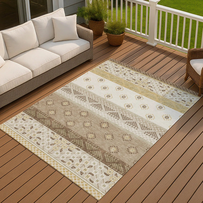 9' X 12' Beige And Brown Striped Washable Indoor Outdoor Area Rug Homeroots Outdoor