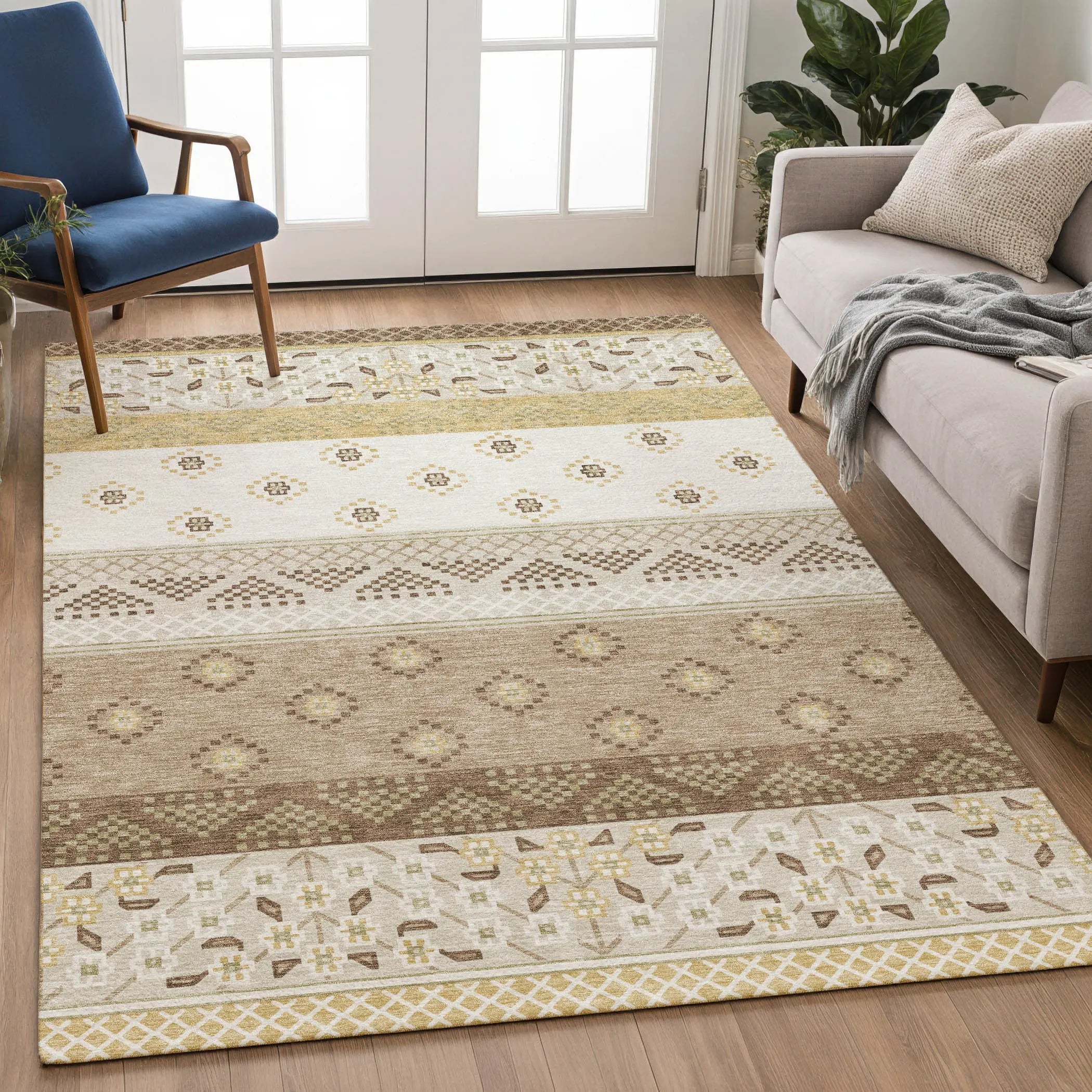 9' X 12' Beige And Brown Striped Washable Indoor Outdoor Area Rug Homeroots Outdoor