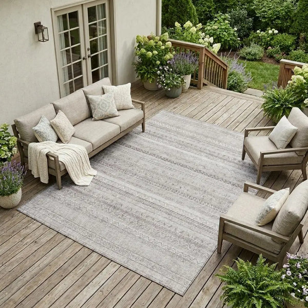 9' X 12' Beige And Brown Striped Washable Indoor Outdoor Area Rug Homeroots Outdoor