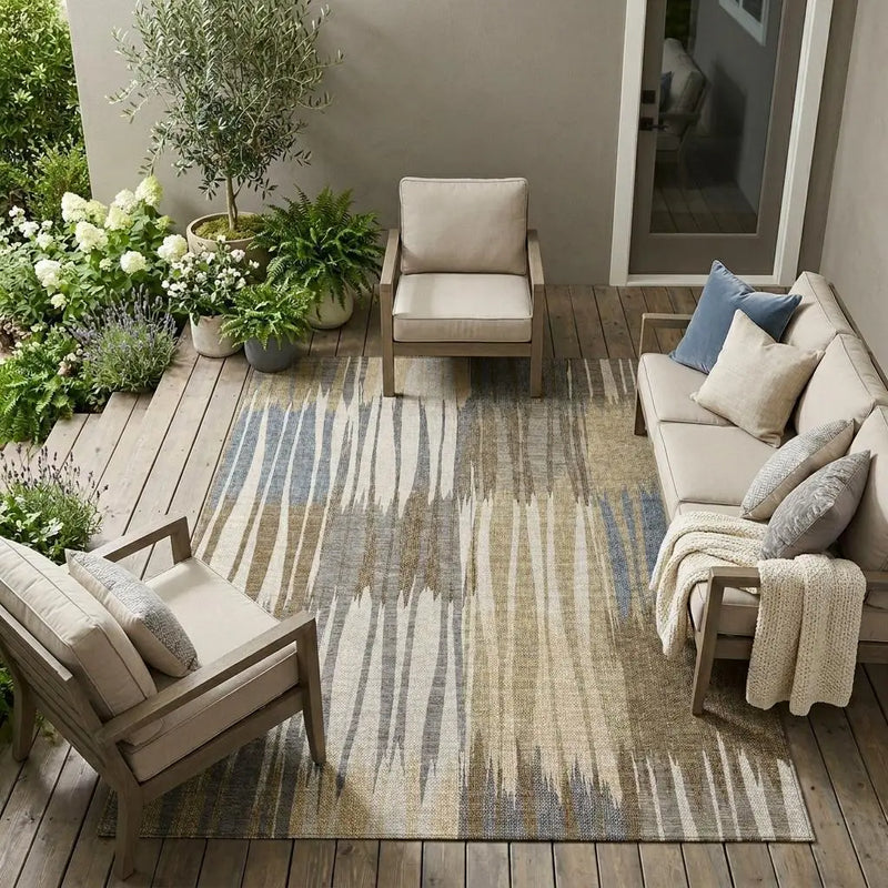 9' X 12' Beige And Brown Striped Washable Indoor Outdoor Area Rug Homeroots Outdoor