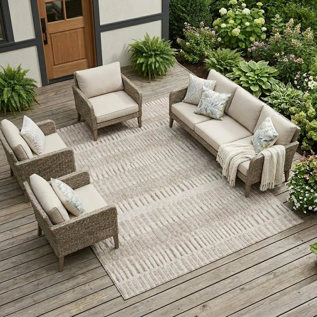 9' X 12' Beige And Brown Striped Washable Indoor Outdoor Area Rug Homeroots Outdoor