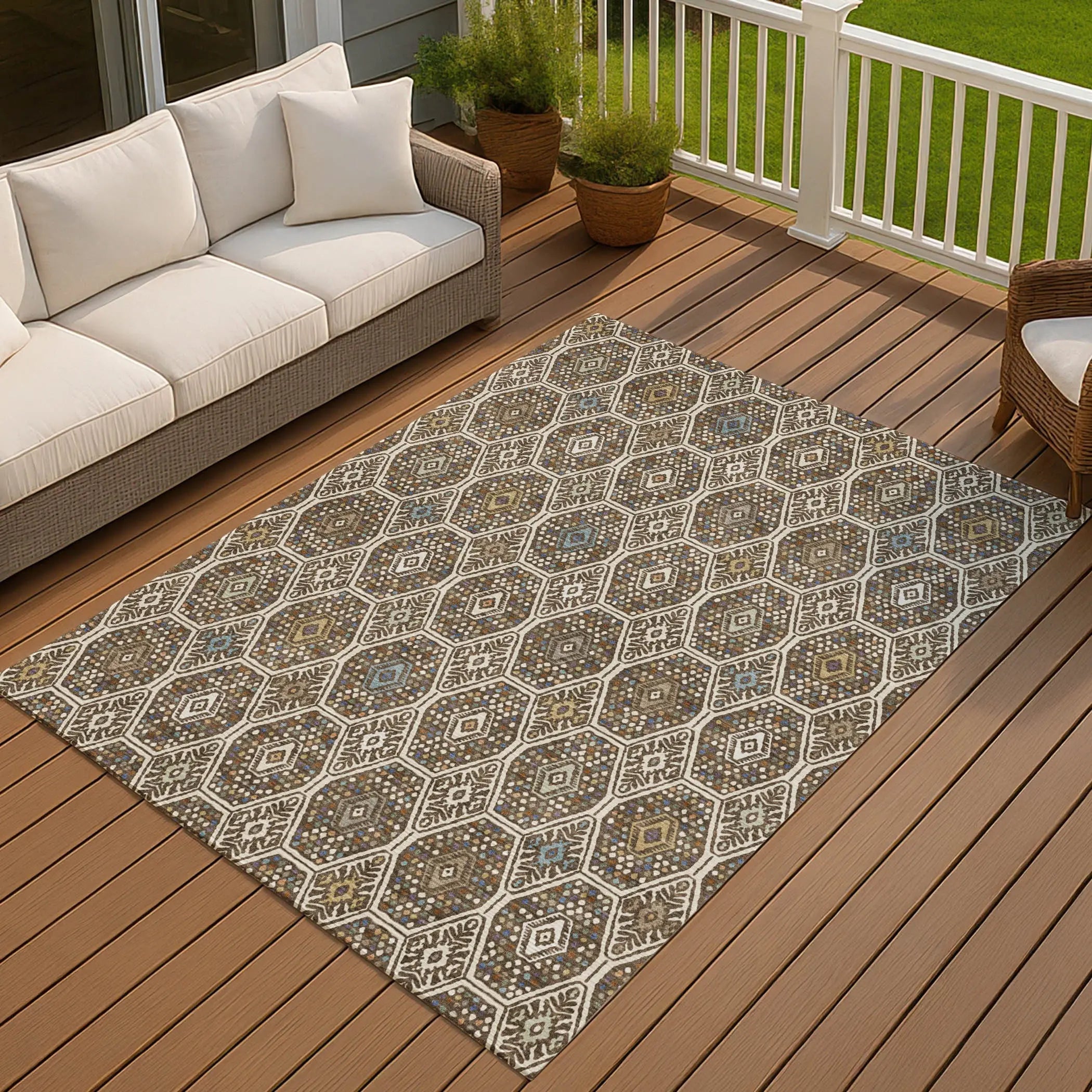 9' X 12' Beige And Chocolate Geometric Washable Indoor Outdoor Area Rug Homeroots Outdoor