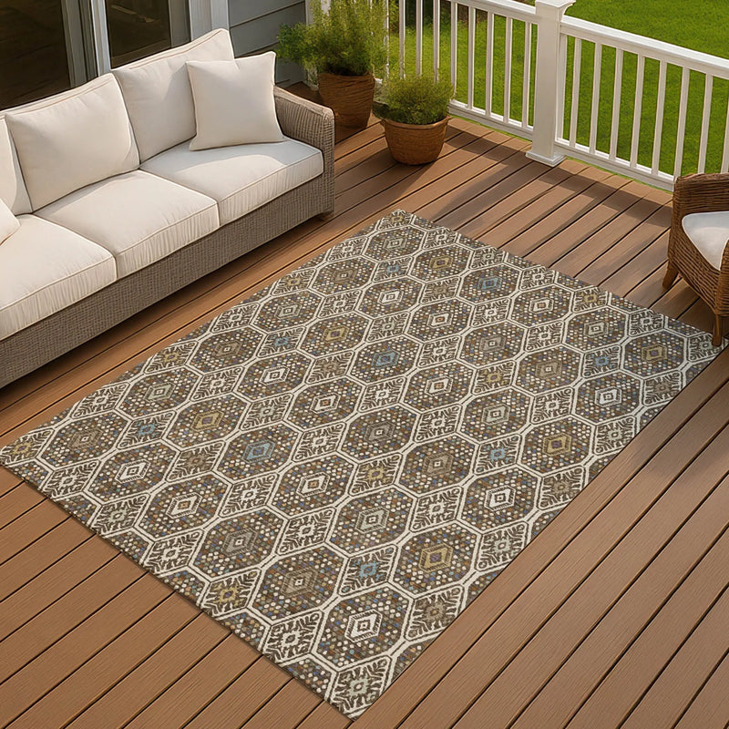9' X 12' Beige And Chocolate Geometric Washable Indoor Outdoor Area Rug Homeroots Outdoor