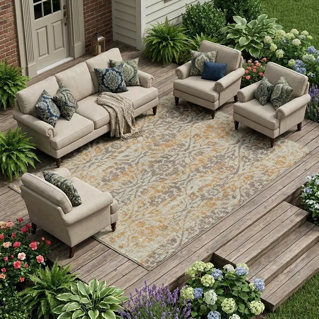 9' X 12' Beige And Copper Damask Washable Indoor Outdoor Area Rug Homeroots Outdoor