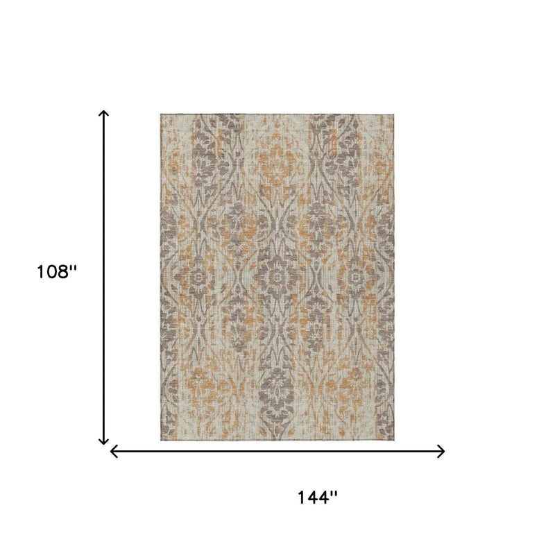 9' X 12' Beige And Copper Damask Washable Indoor Outdoor Area Rug Homeroots Outdoor