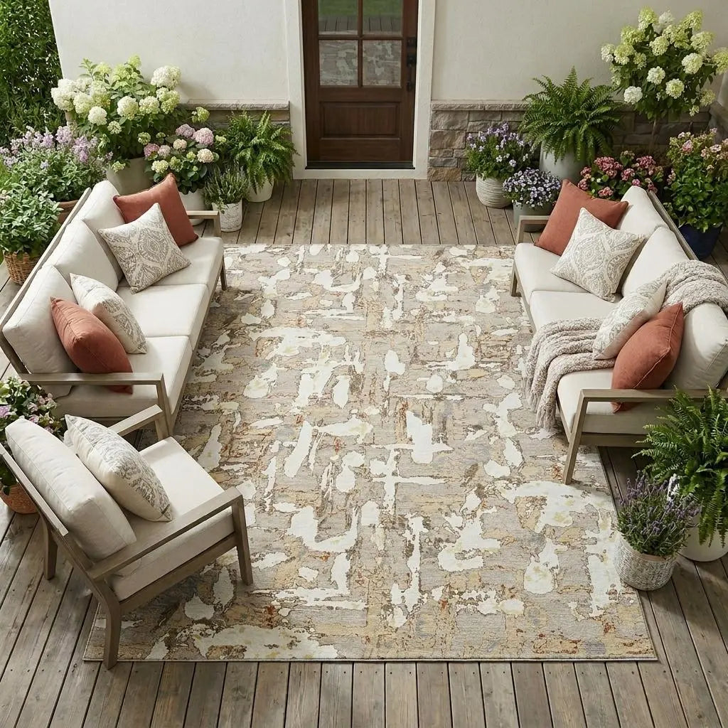 9' X 12' Beige And Gray Abstract Washable Indoor Outdoor Area Rug Homeroots Outdoor