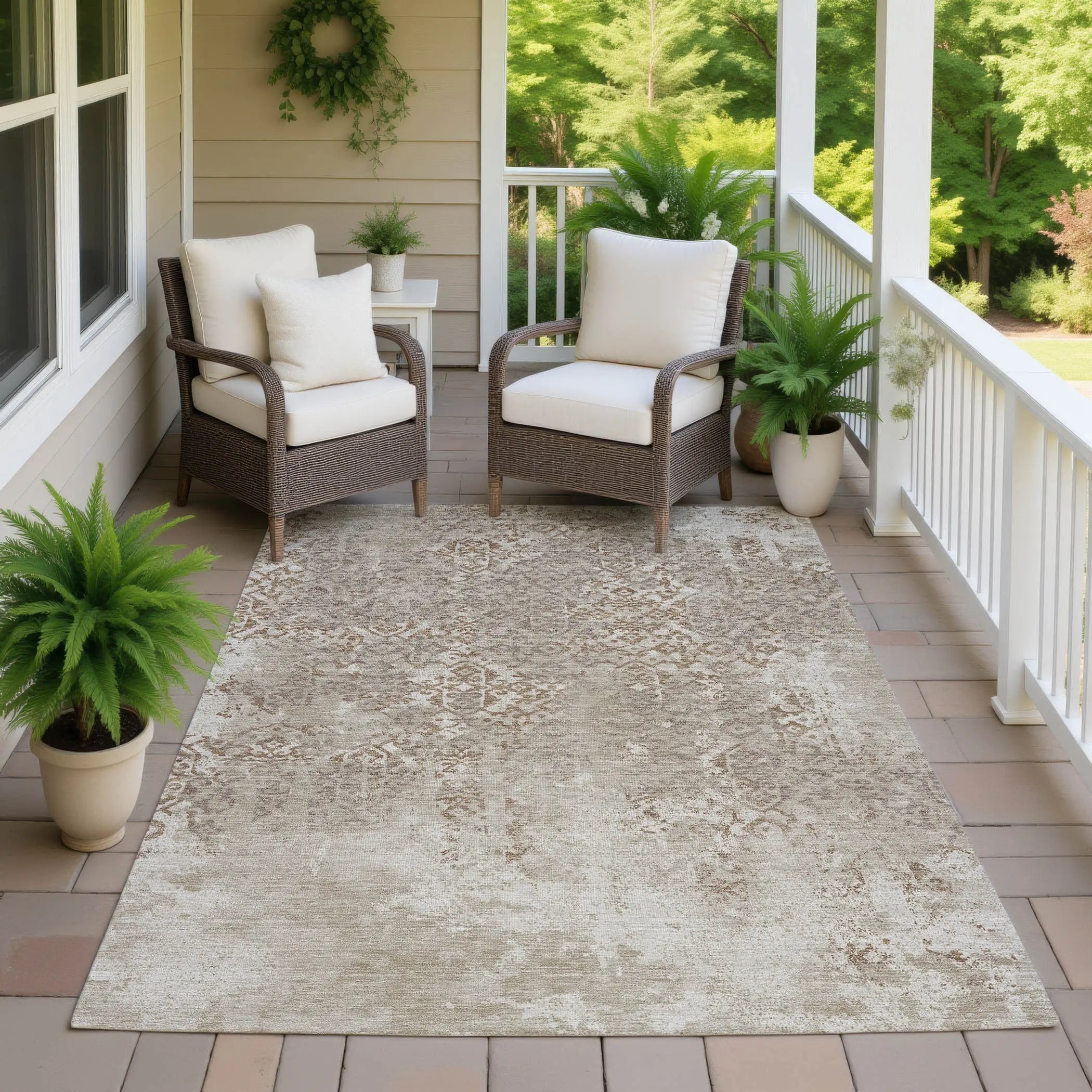 9' X 12' Beige And Gray Oriental Washable Indoor Outdoor Area Rug Homeroots Outdoor