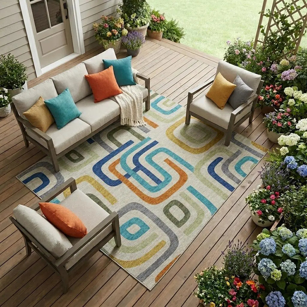 9' X 12' Beige And Green Geometric Washable Indoor Outdoor Area Rug Homeroots Outdoor