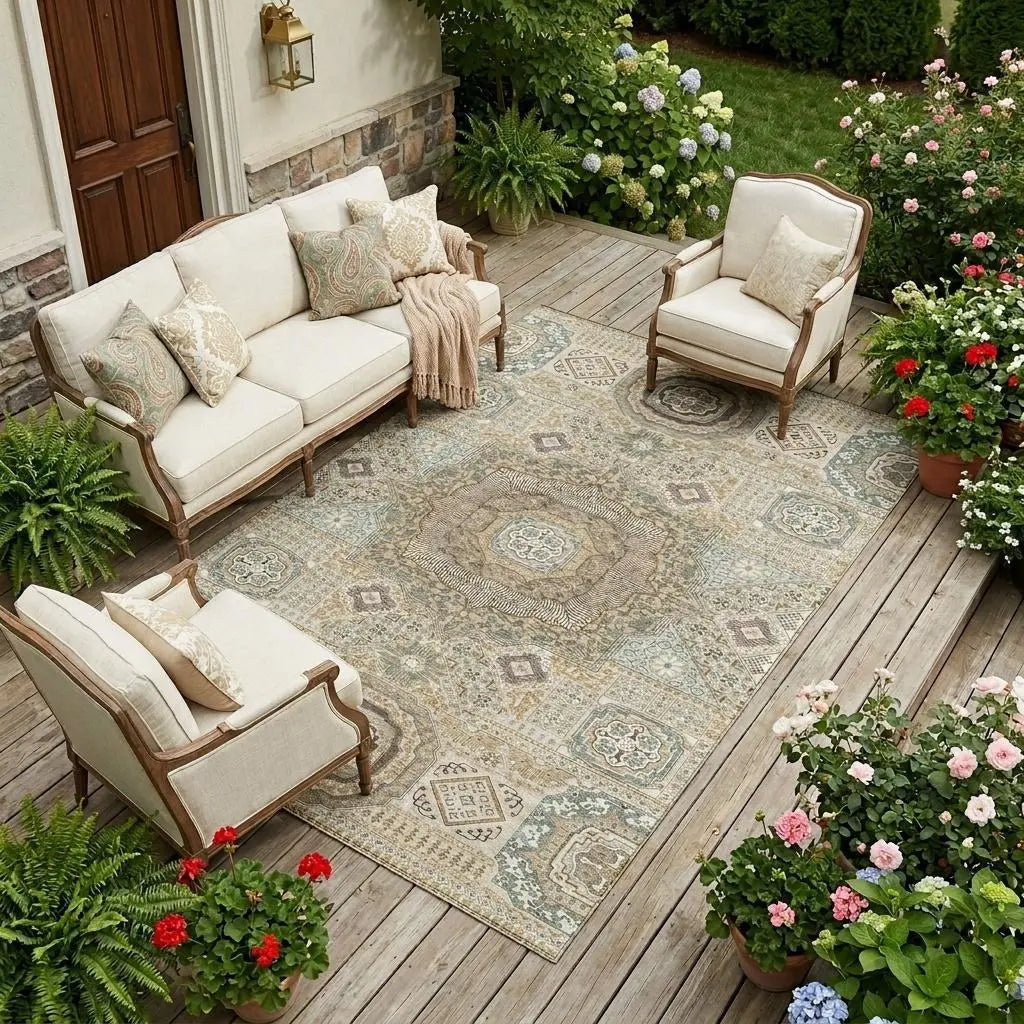 9' X 12' Beige And Ivory Oriental Washable Indoor Outdoor Area Rug Homeroots Outdoor