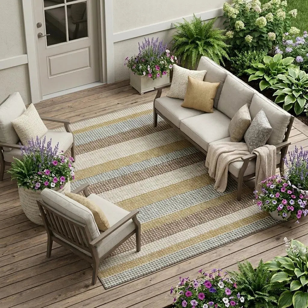 9' X 12' Beige And Ivory Striped Washable Indoor Outdoor Area Rug Homeroots Outdoor
