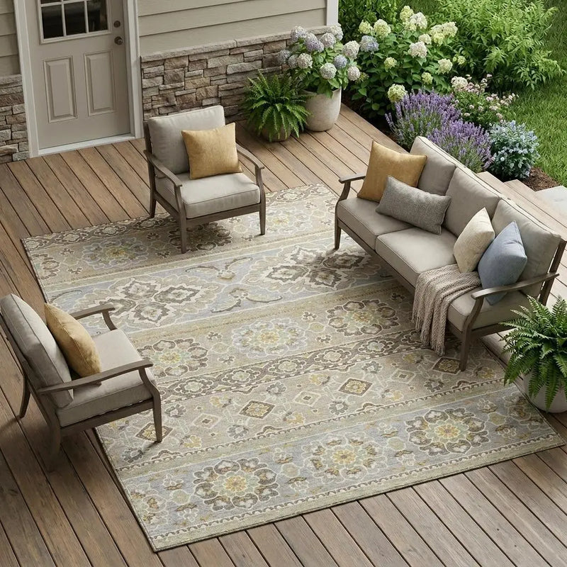 9' X 12' Beige And Ivory Tribal Washable Indoor Outdoor Area Rug Homeroots Outdoor