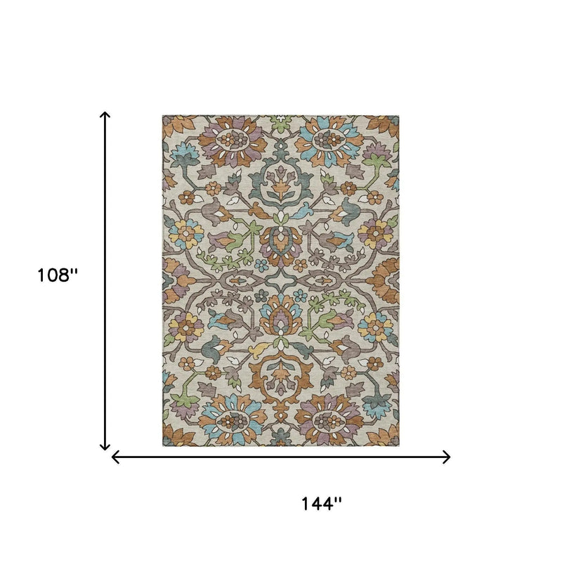 9' X 12' Beige And Orange Floral Washable Indoor Outdoor Area Rug Homeroots Outdoor