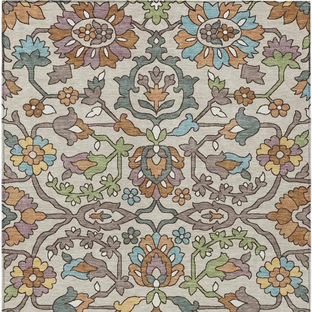 9' X 12' Beige And Orange Floral Washable Indoor Outdoor Area Rug Homeroots Outdoor