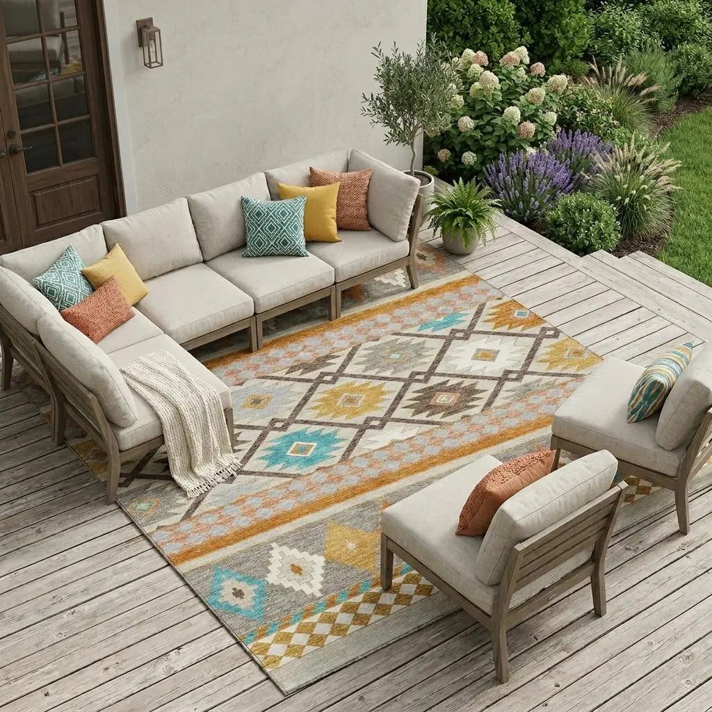 9' X 12' Beige And Orange Southwestern Washable Indoor Outdoor Area Rug Homeroots Outdoor