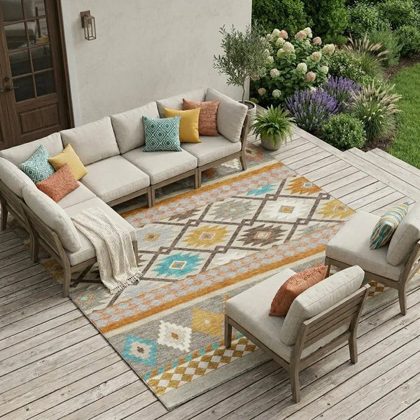 9' X 12' Beige And Orange Southwestern Washable Indoor Outdoor Area Rug Homeroots Outdoor