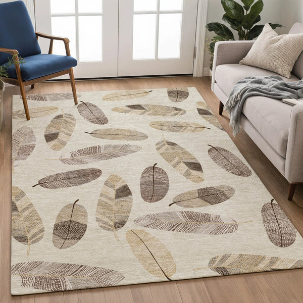 9' X 12' Beige And Sky Blue Botanical Leaves Washable Indoor Outdoor Area Rug Homeroots Outdoor
