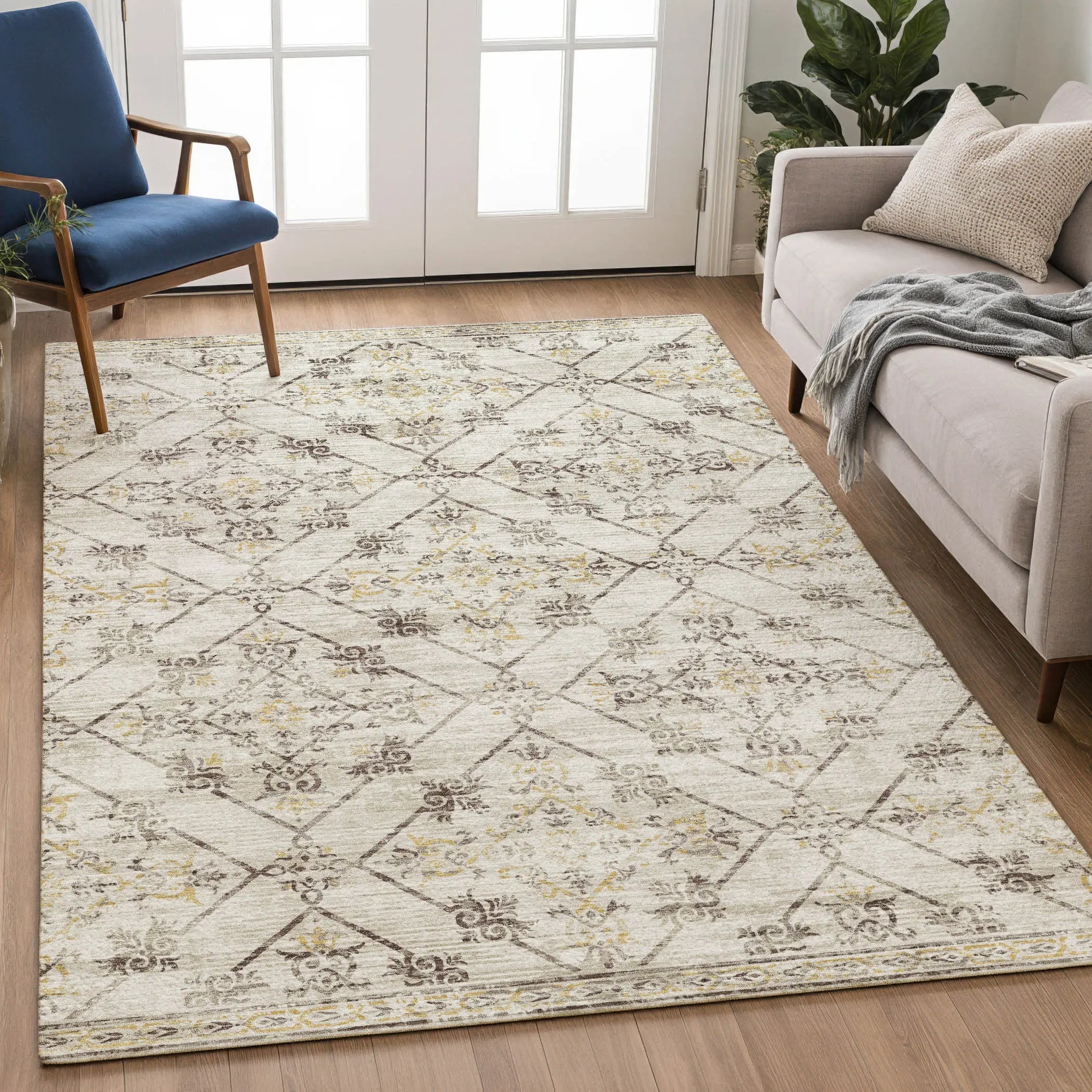 9' X 12' Beige And Sky Blue Geometric Washable Indoor Outdoor Area Rug Homeroots Outdoor