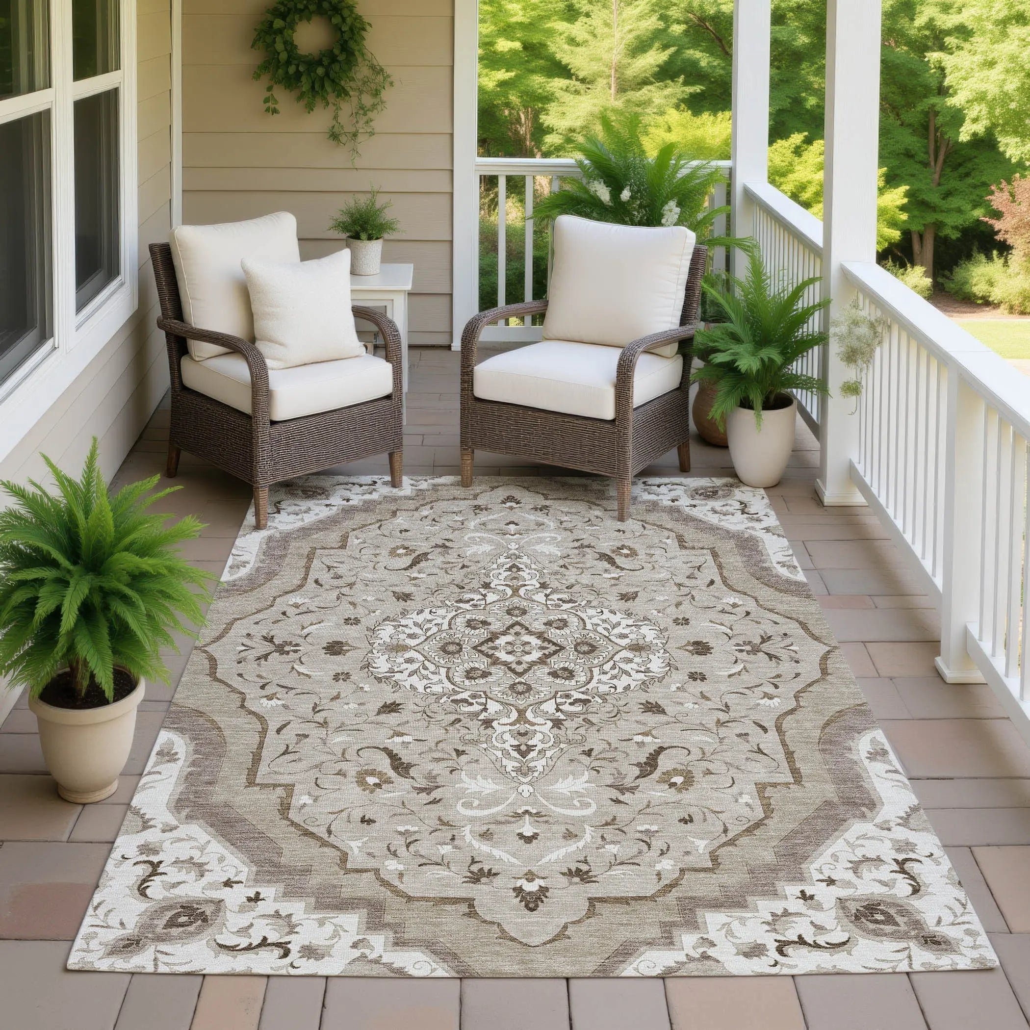9' X 12' Beige And Taupe Medallion Washable Indoor Outdoor Area Rug Homeroots Outdoor