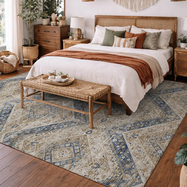 9' X 12' Beige And Teal Blue Tribal Washable Indoor Outdoor Area Rug Homeroots Outdoor