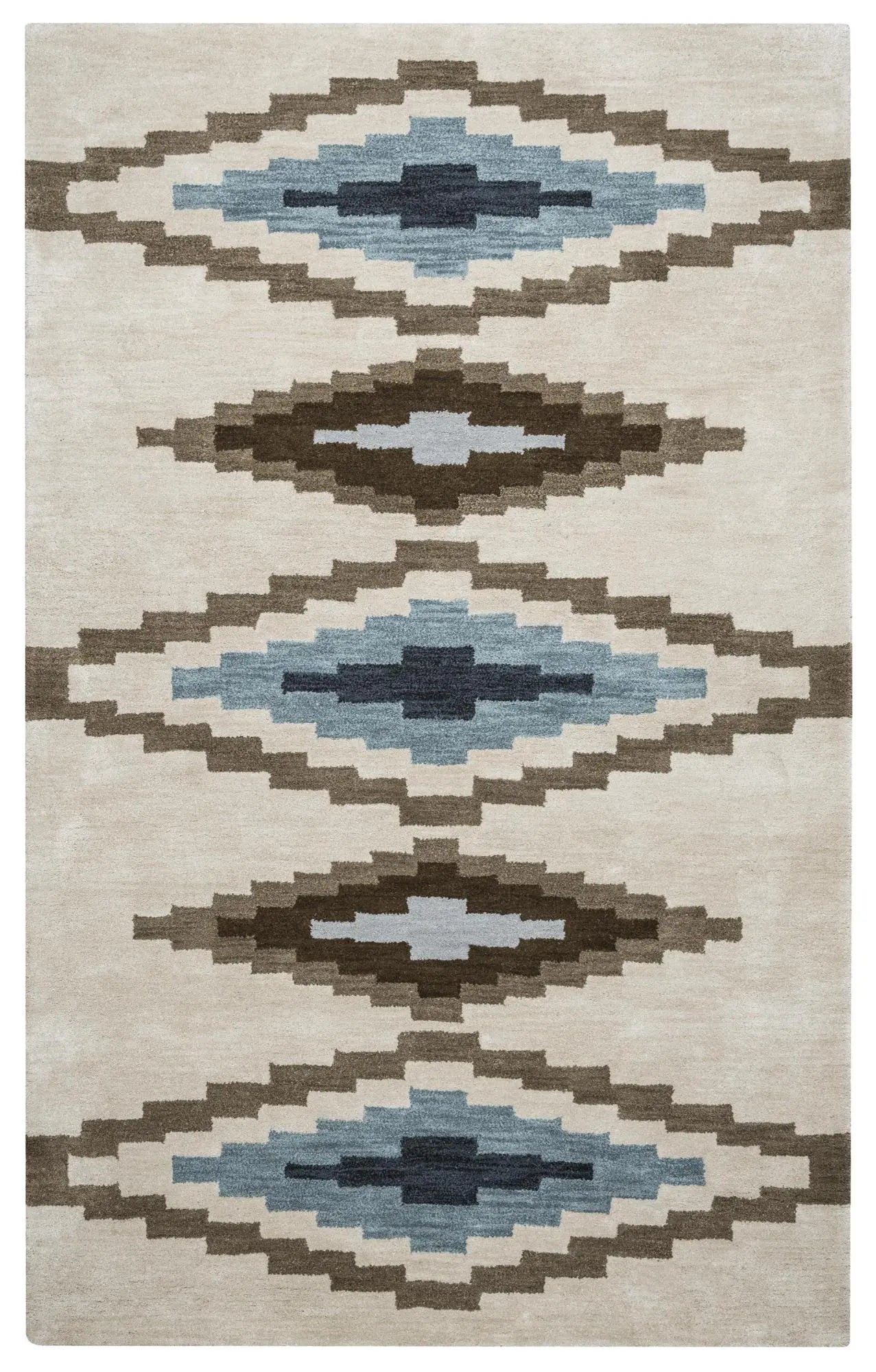 9' X 12' Beige Navy Blue Blue Teal Brown And Light Brown Wool Southwestern Hand Tufted Area Rug Homeroots Home Decor