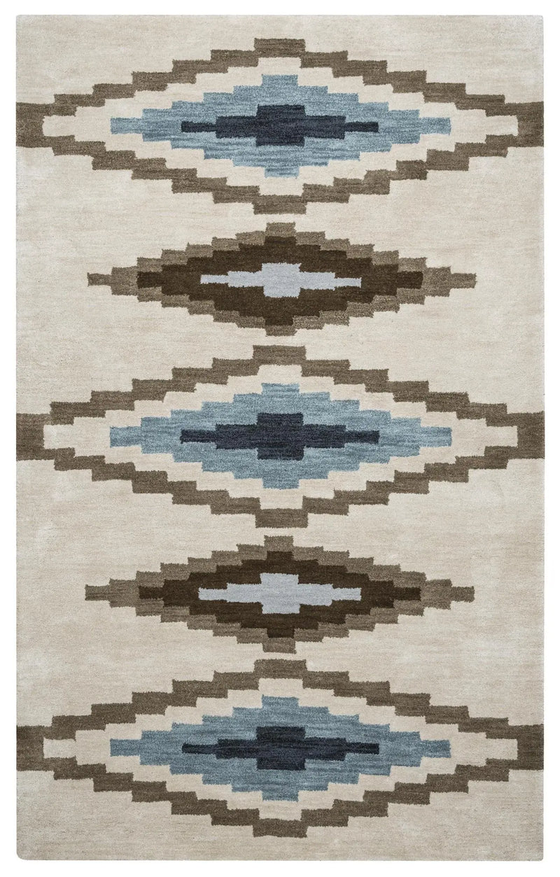 9' X 12' Beige Navy Blue Blue Teal Brown And Light Brown Wool Southwestern Hand Tufted Area Rug Homeroots Home Decor