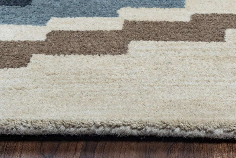 9' X 12' Beige Navy Blue Blue Teal Brown And Light Brown Wool Southwestern Hand Tufted Area Rug Homeroots Home Decor