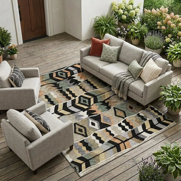 9' X 12' Black And Beige Geometric Washable Indoor Outdoor Area Rug Homeroots Outdoor