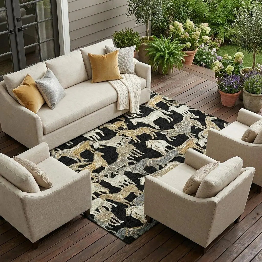 9' X 12' Black And Beige Horse Washable Indoor Outdoor Area Rug Homeroots Outdoor