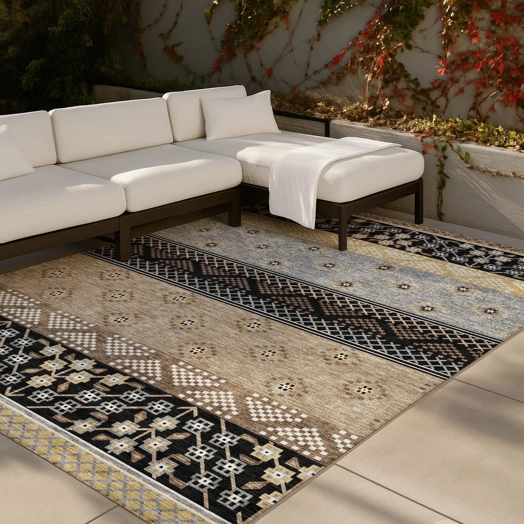 9' X 12' Black And Beige Striped Washable Indoor Outdoor Area Rug Homeroots Outdoor