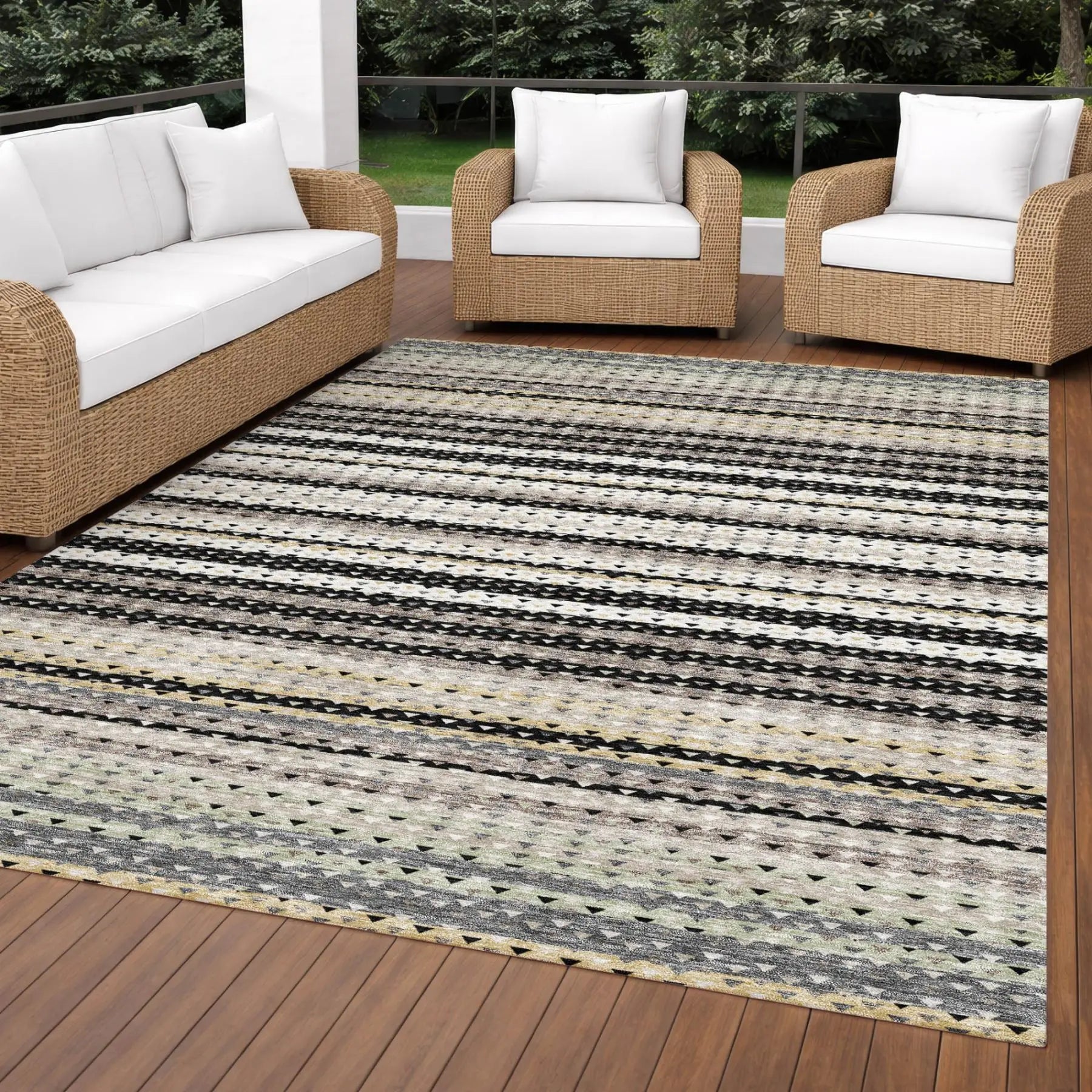 9' X 12' Black And Beige Striped Washable Indoor Outdoor Area Rug Homeroots Outdoor