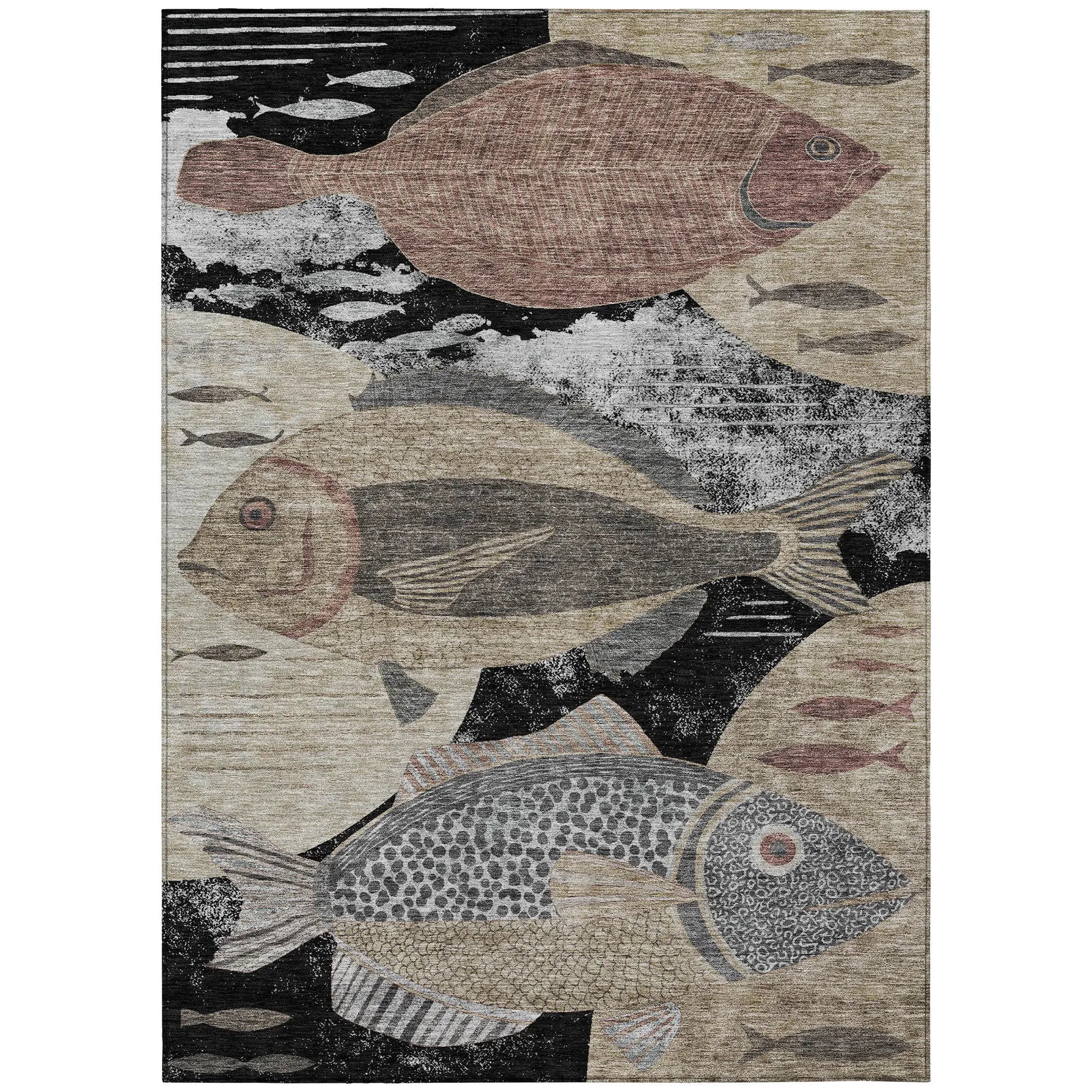 9' X 12' Black And Beige Tropical Fish Washable Indoor Outdoor Area Rug Homeroots Outdoor