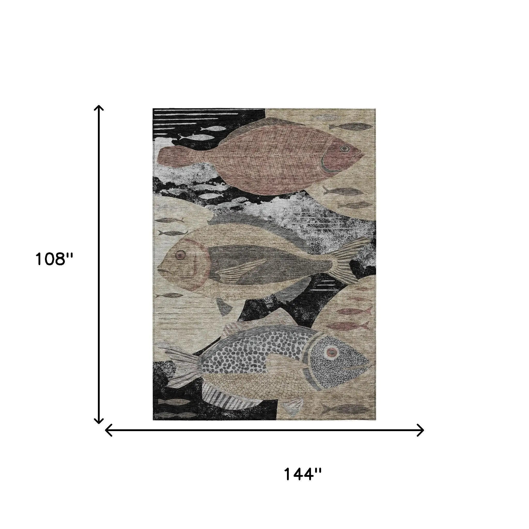 9' X 12' Black And Beige Tropical Fish Washable Indoor Outdoor Area Rug Homeroots Outdoor